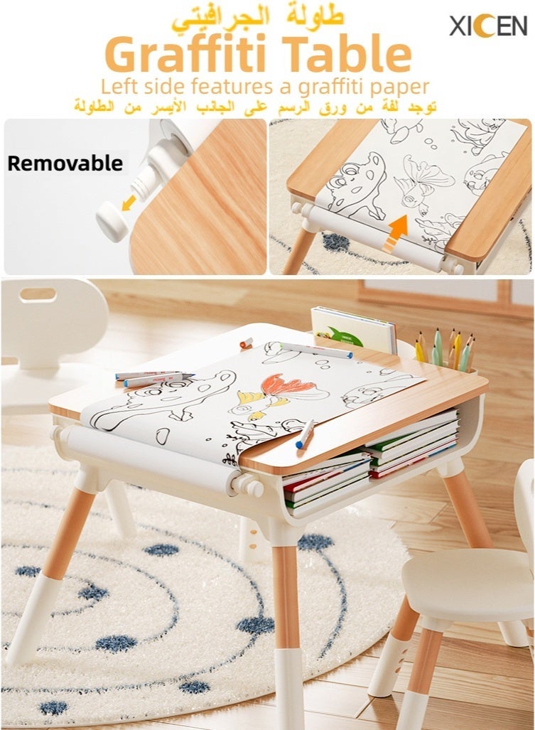 XICEN Kids Table with 2 Chairs Set, Height-Adjustable Toddler Desk and Chairs, Non-Slip Toddler Activity Table with Drawing Paper & Storage Basket, Ideal for Classrooms/Daycare/Home Use, Multifunctional Activity Table for Children - Image 3